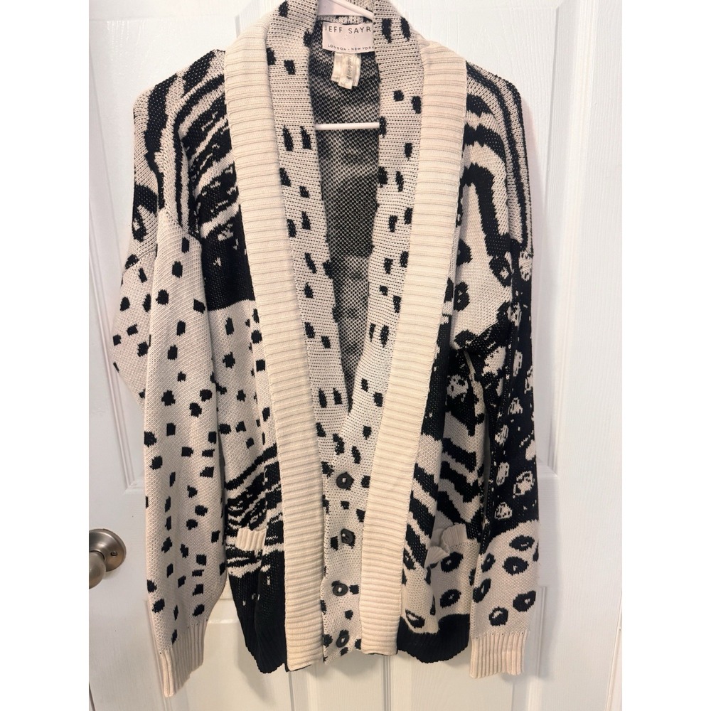 Vintage Jeff Sayre Women's Black White Knit Long Cardigan West Germany Sz 40